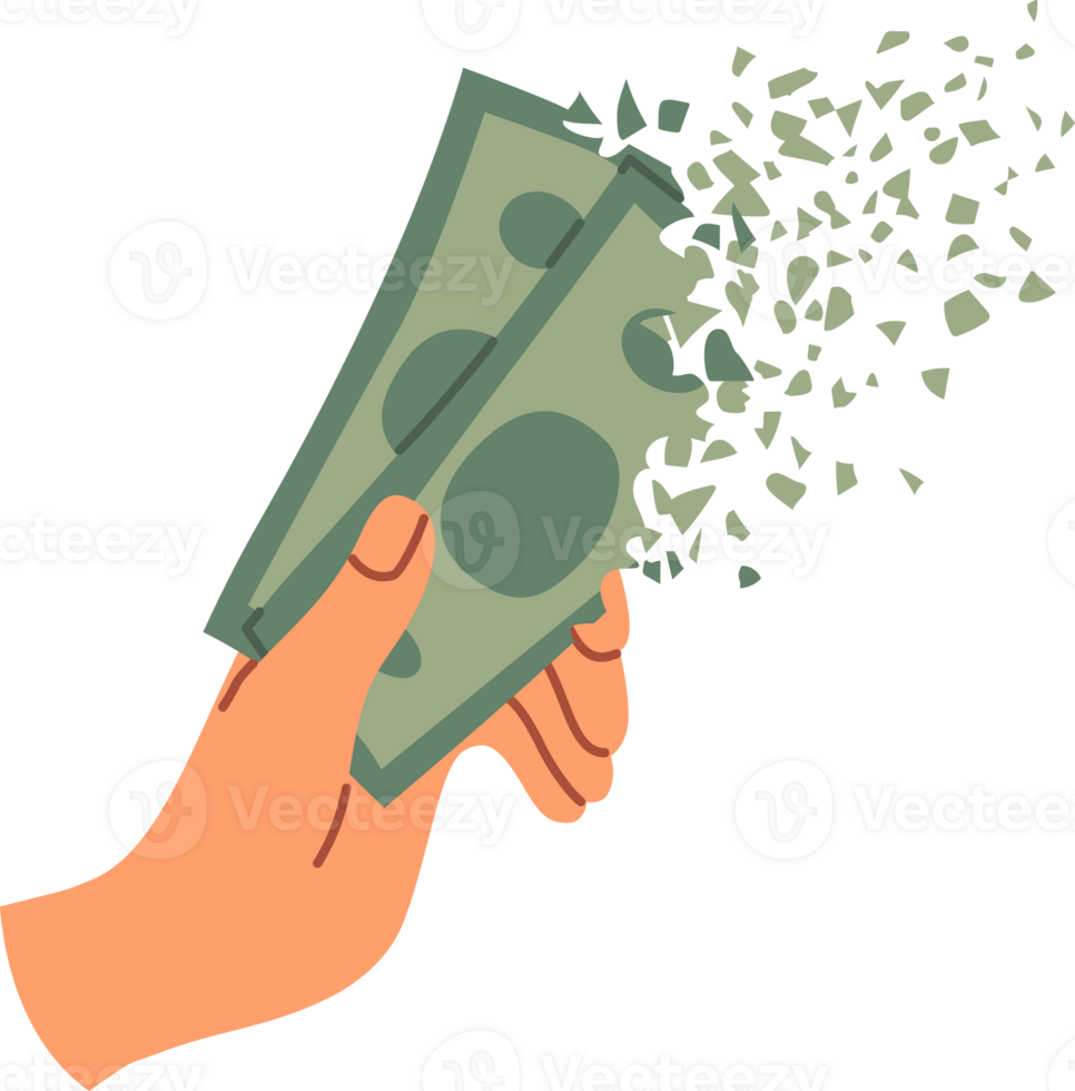 Money in person hands quickly disappears due to high inflation caused by crisis or lack of financial planning. Human loses earned money after accelerating inflation and rising living costs png