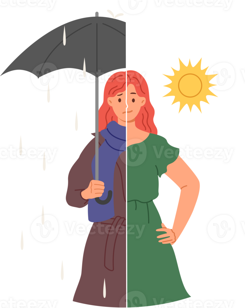 Girl feels improvement in mood when spring season changes to summer, and sun appears in sky. Weather and climate change affects mood of young woman due to differences in production of hormones png