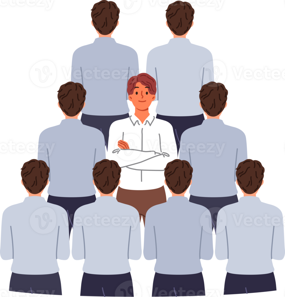 Man stands out from crowd of business colleagues due to individuality or better professional skills. Guy office clerk demonstrates individuality and readiness for non-trivial problem solving png