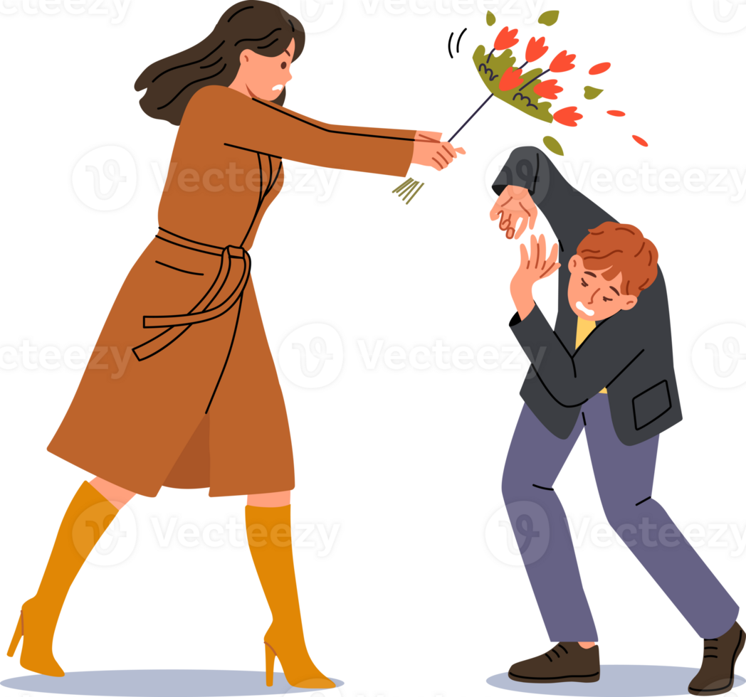 Woman hits groom with bouquet because of betrayal and finding out fact of adultery. Conflict between man and angry girlfriend, reacting negatively to advances or gifts, after adultery png