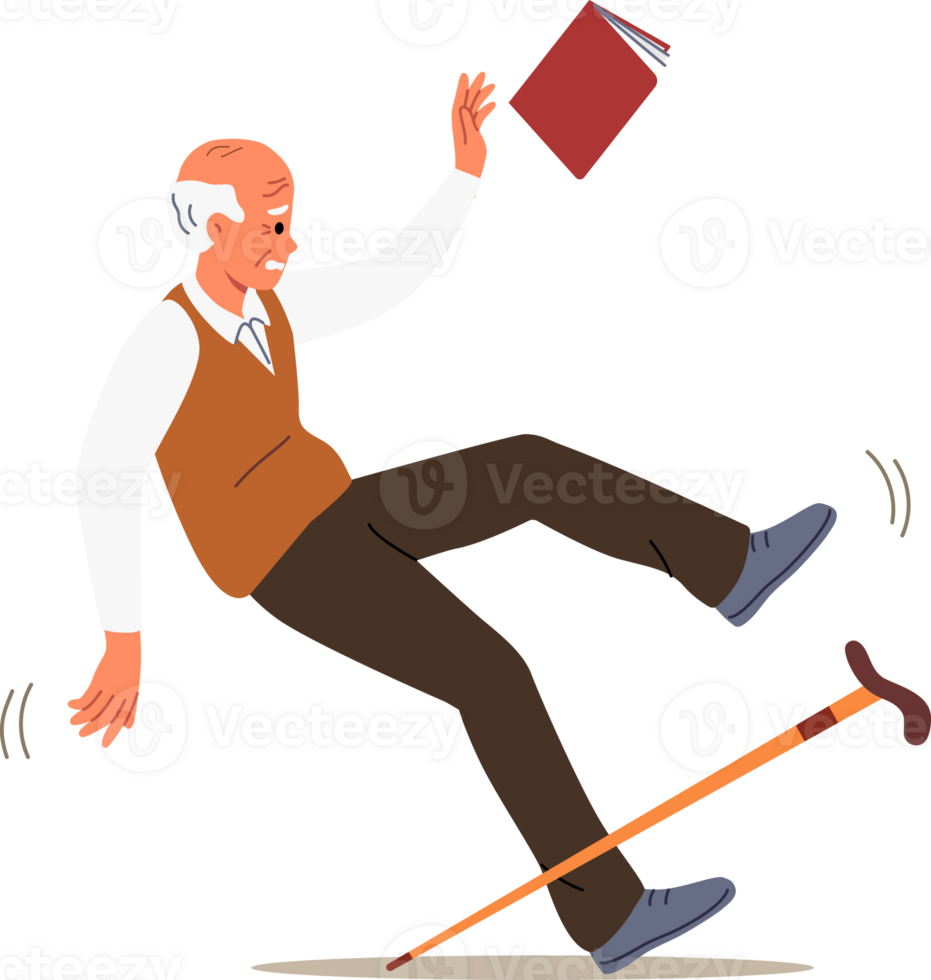 ongeluk erbij betrekken ouderen Mens wie valt en uitglijden Aan nat vloer, risico's letsel of schade naar ruggengraat. ongeluk met opa verwonden boek en riet wanneer vallend ten gevolge naar scherp pijn in poten png