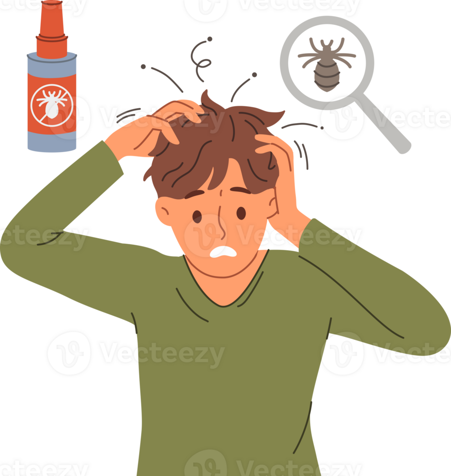 Man with lice in hair experiences discomfort and itching due to parasites, needs medical treatment. Guy with dissatisfied grimace became infected with lice because of non-compliance with hygiene rules png