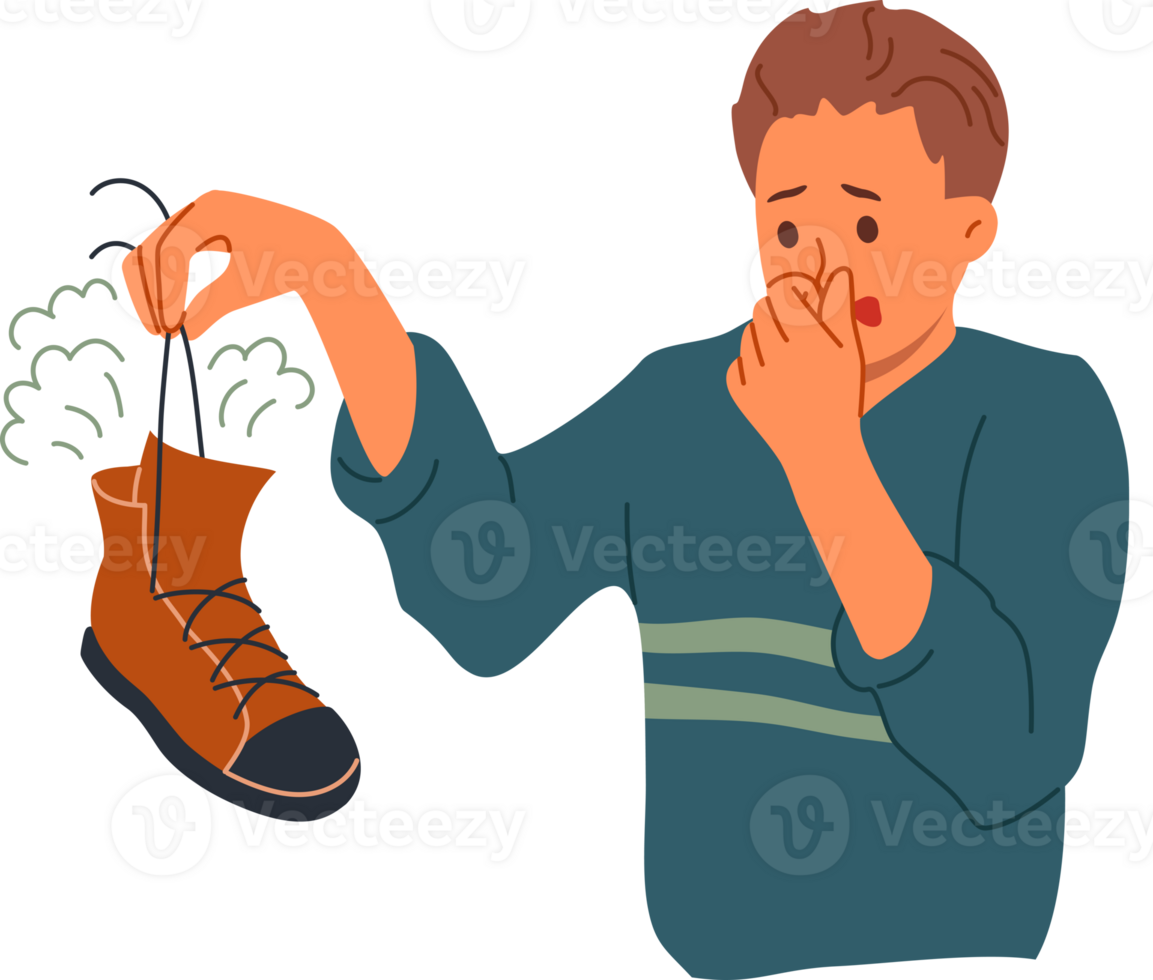 Smelly shoe in hands of man suffering from bad odor and symptoms of foot mycosis. Guy with smelly feet needs help from dermatologist or shoe disinfectant to get rid of stinky bacteria. png