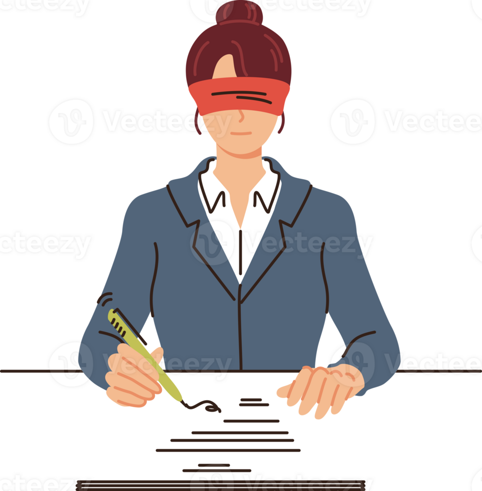 Business woman signs contract without looking, out of complete trust in partner, sitting in office blindfolded. Blind submission of nda contract is caused by importance of avoiding information leakage png