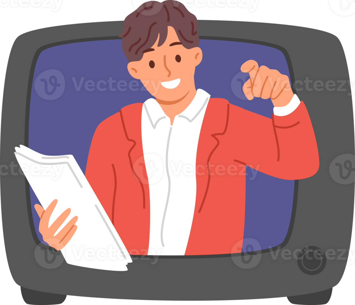 Man TV show announcer looks out of retro TV and points finger at viewer, recommending to buy advertised product. News or evening television show host holds script papers and improvises live png