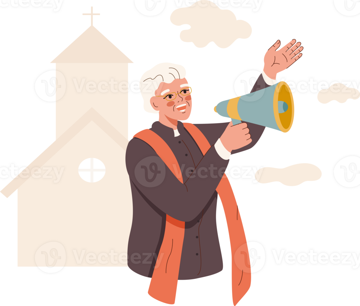 Christian priest stands near temple and shouts into megaphone urging him to attend sunday services. Elderly rector of catholic church reports approach of religious christian holiday png