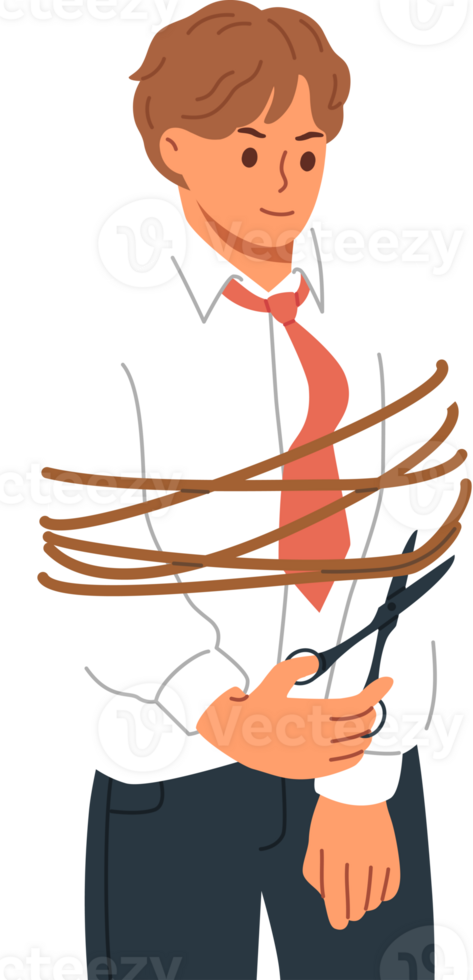 Successful business man freed himself from ropes limit movements and prevent from achieving success. Guy manager is freed from shackles hinder professional growth and career advancement png