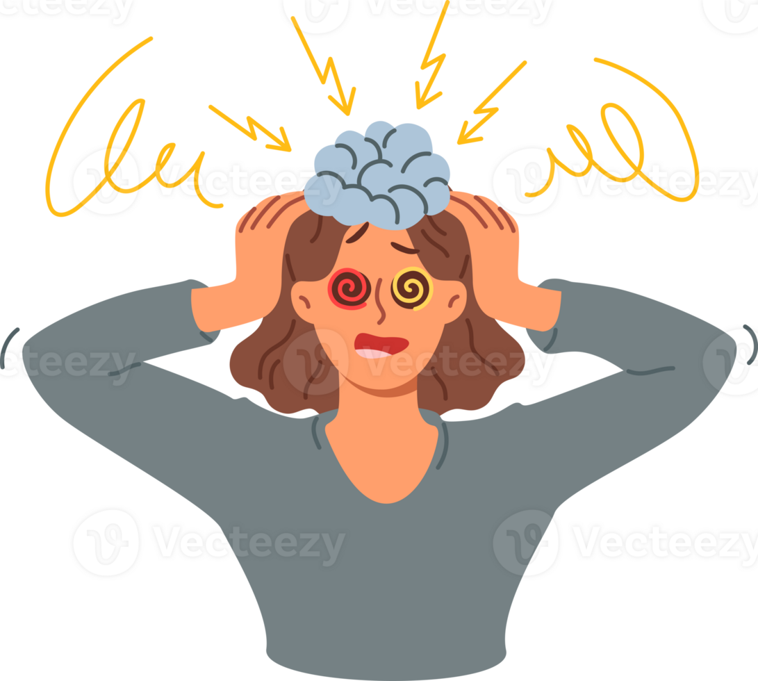 cerveau explosion de sous le choc femme en hurlant et agrippant tête dû à problèmes avec psychologique la stabilité. cerveau explosion de fille avec hypnotique yeux comme métaphore pour mental déséquilibre png