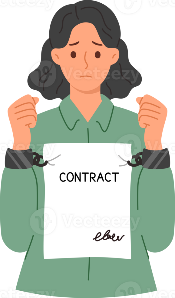 Woman is constrained by strict contract prohibiting disclosure of information or change in field of activity. Girl with contract instead of handcuffs regrets that she signed nda agreement png