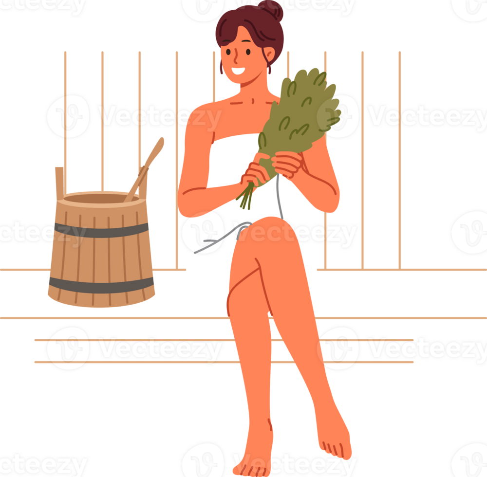 vrouw zit in badhuis en glimlacht, genieten van thermisch behandelingen dat verbeteren welzijn en krijgen ontdoen van gifstoffen. meisje bezoeker naar badhuis houdt berk bezem gelegen in de buurt houten emmer png