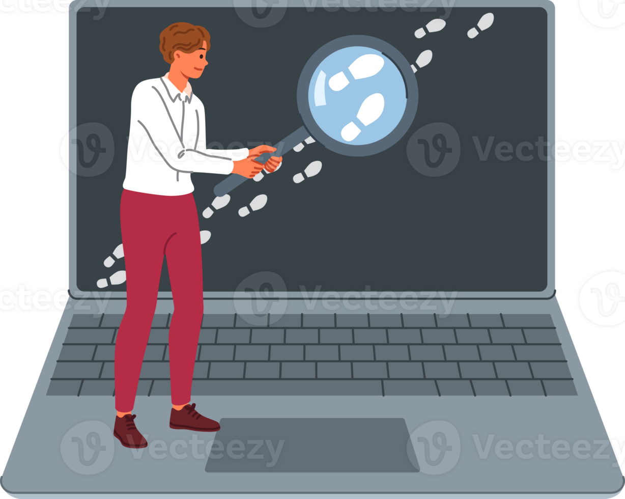 Man is looking for traces on internet, working as OSINT specialist and holding magnifying glass near laptop screen. Detective uses OSINT techniques for reconnaissance using open sources png