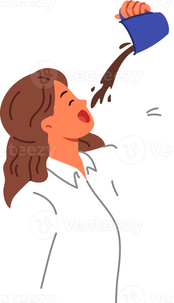 Woman office clerk drinks lot of coffee to gain energy and do enough work to get new position. Businesswoman pours coffee from mug into mouth, restoring strength during short break between meetings png