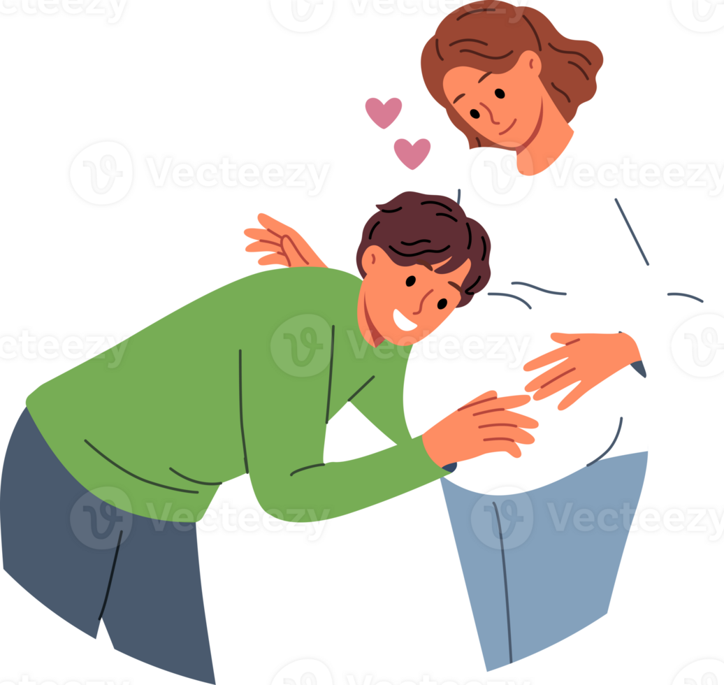Future dad leans against belly of pregnant woman, listening to movements of baby in womb. Pregnant girl feels love and affection of groom, who is looking forward to birth of child. png