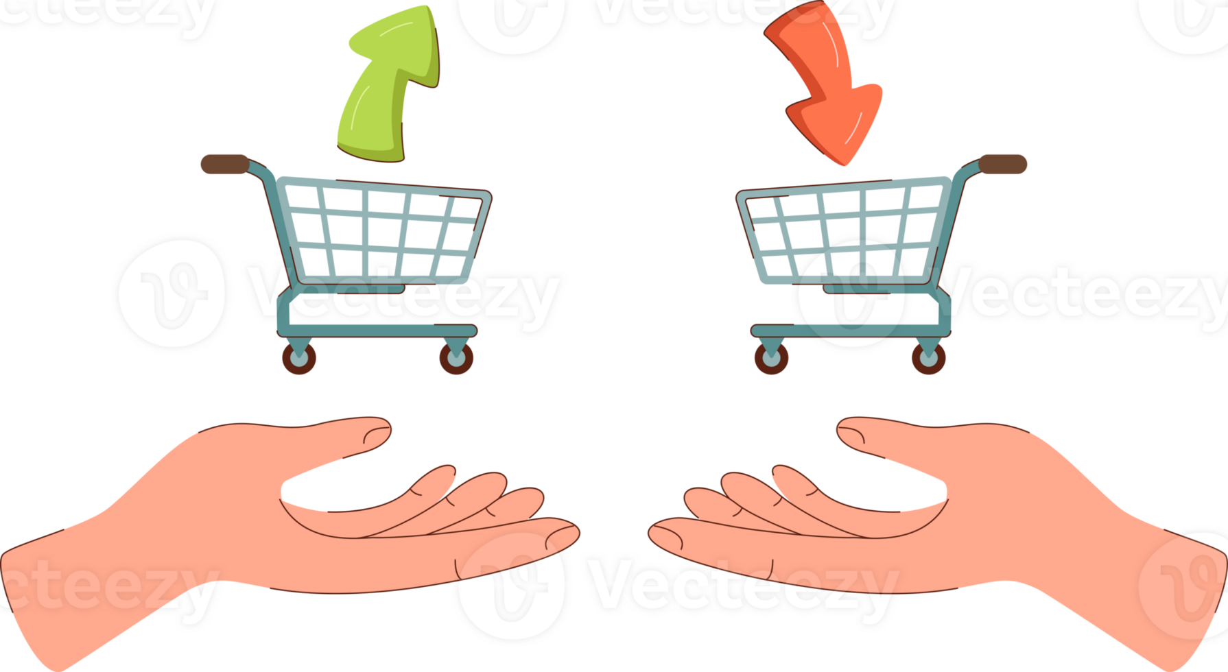 compras cestas en manos personas intercambiando consumidor bienes indirectamente a evitar teniendo a utilizar dinero. compras cestas con arriba y abajo flechas simbolizar Al por menor negocio y comida industria png