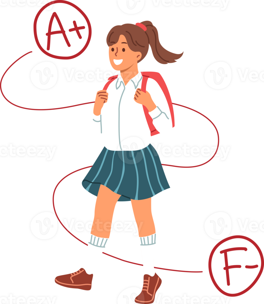 Schoolgirl with backpack on back runs to school with smile, rejoicing at increase in number of positive marks from teacher. Girl school performance is deteriorating due to poor quality of education png
