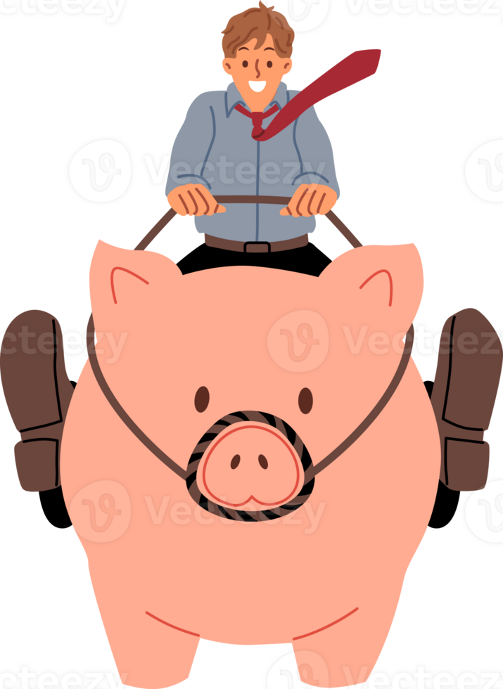 Businessman strives to make money on investments or increase income, sitting astride giant piggy bank. Ambitious man manages capital, receiving benefits from money invested in financial instruments png