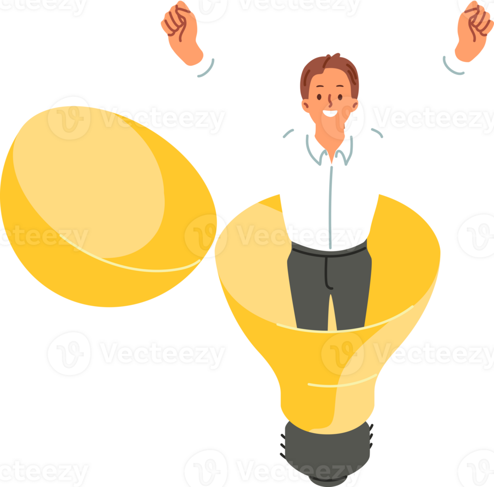 Happy businessman stands inside light bulb, raising hands up and rejoicing at new idea to accelerate professional growth. Man entrepreneur came up with business idea to improve marketing performance png