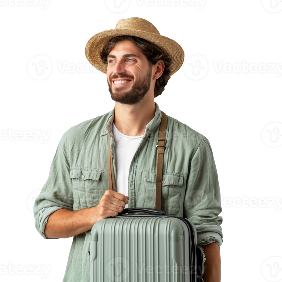 ai généré content Jeune voyageur avec une valise sur une blanc Contexte png