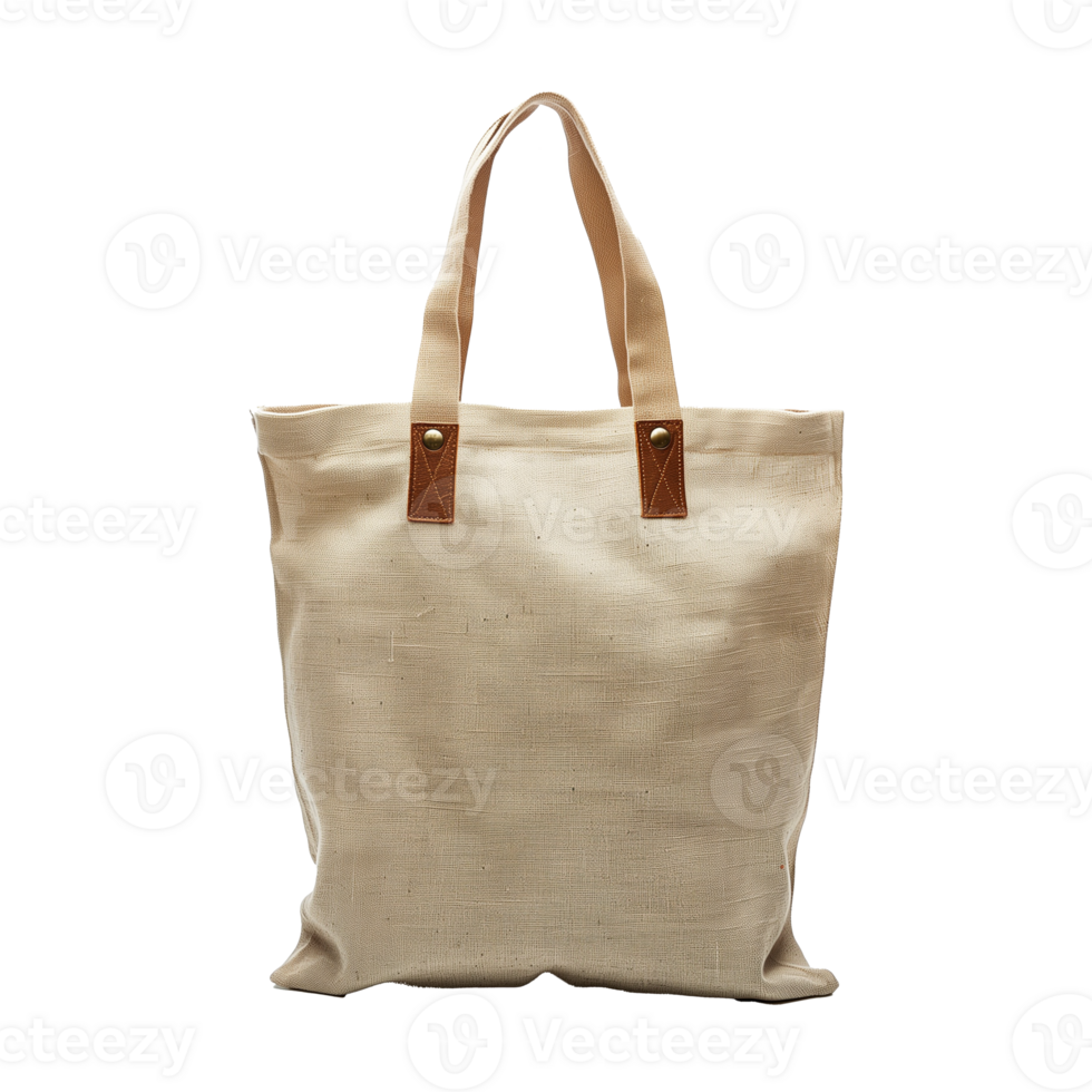 AI generated Blank canvas tote bag with leather handles on white background png