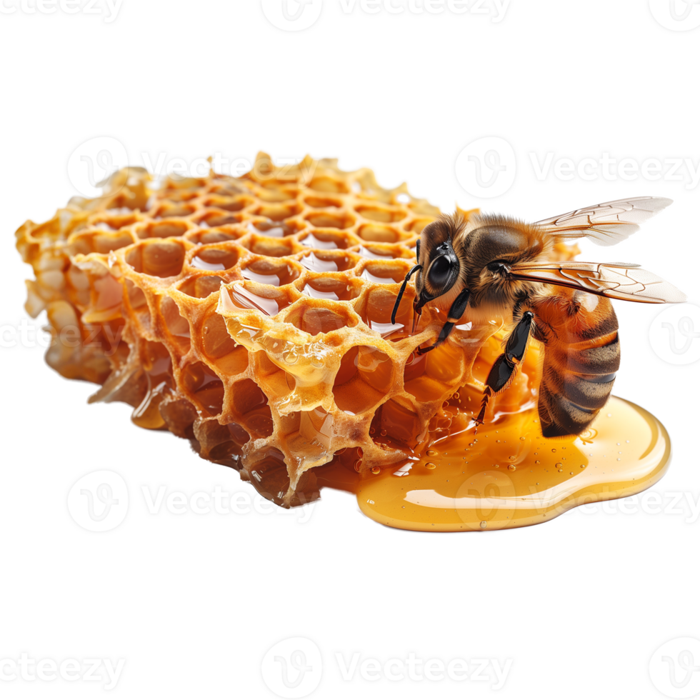 AI generated A honey bee is sitting on a honeycomb png