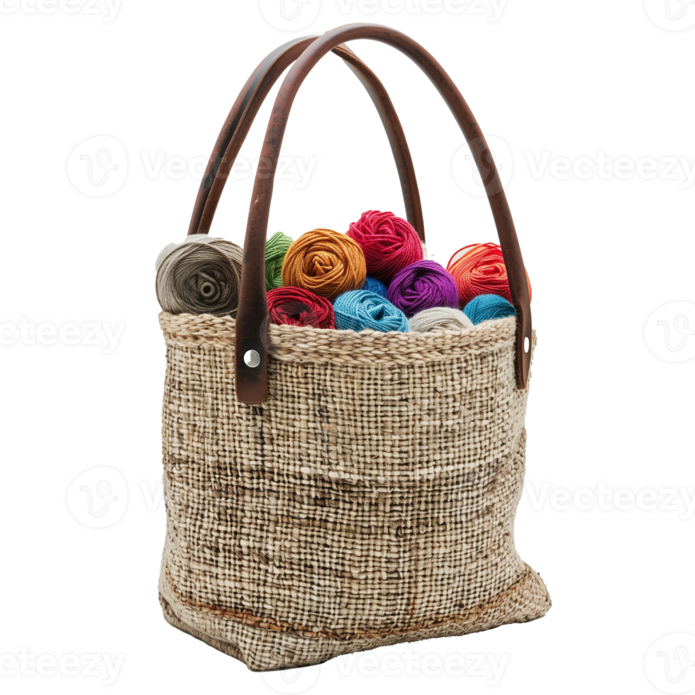 AI generated Colorful yarn balls inside woven basket on transparent background png