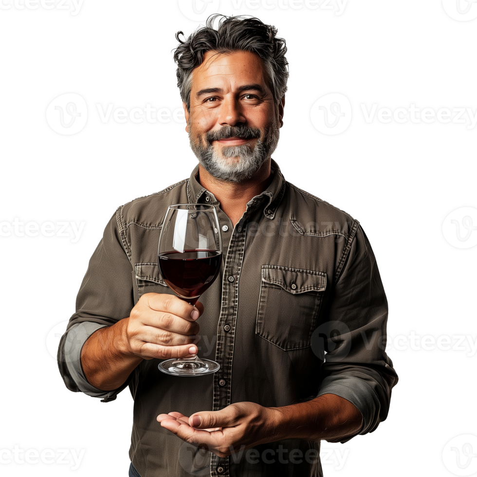 ai generiert lächelnd Mann halten ein Glas von rot Wein auf transparent Hintergrund png