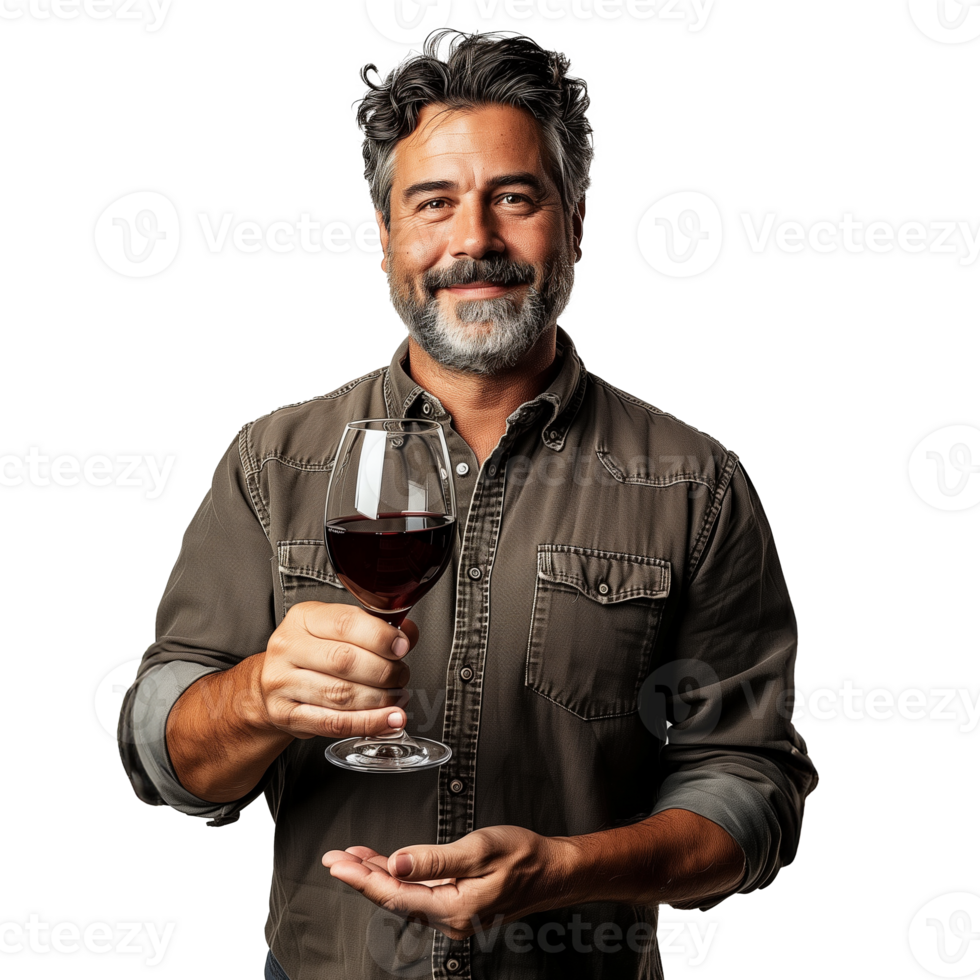 ai gerado sorridente homem segurando uma vidro do vermelho vinho em transparente fundo png