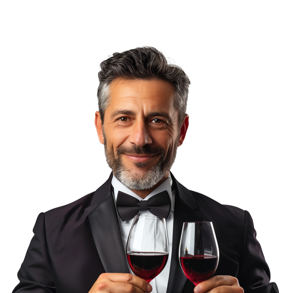 AI generated Elegant man in a tuxedo holding two wine glasses png