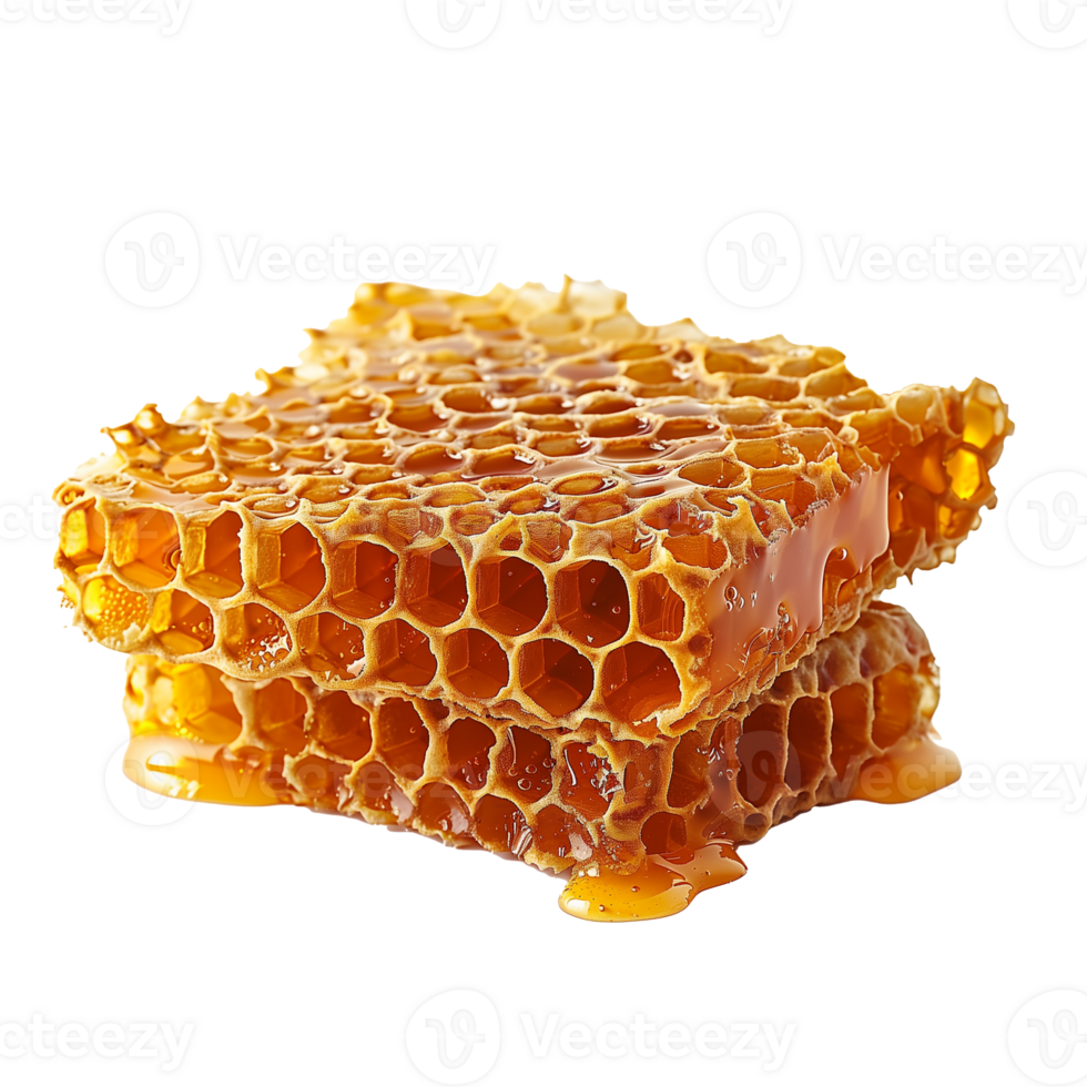 AI generated Two pieces of honeycomb with honey dripping from them png