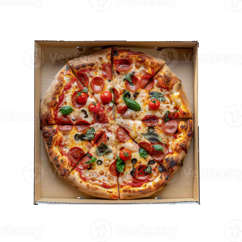 AI generated Delicious whole pizza in a box with a transparent background png