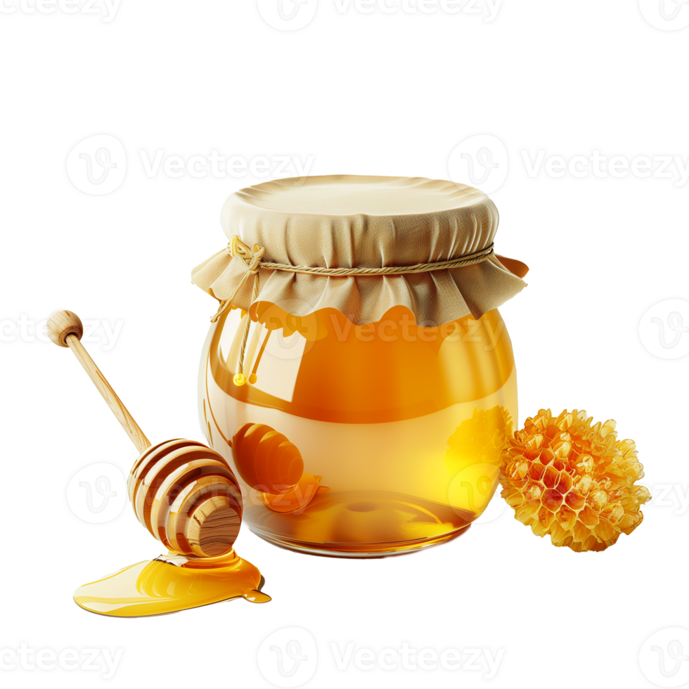 AI generated A jar of honey with a wooden spoon and a honeycomb on the right png