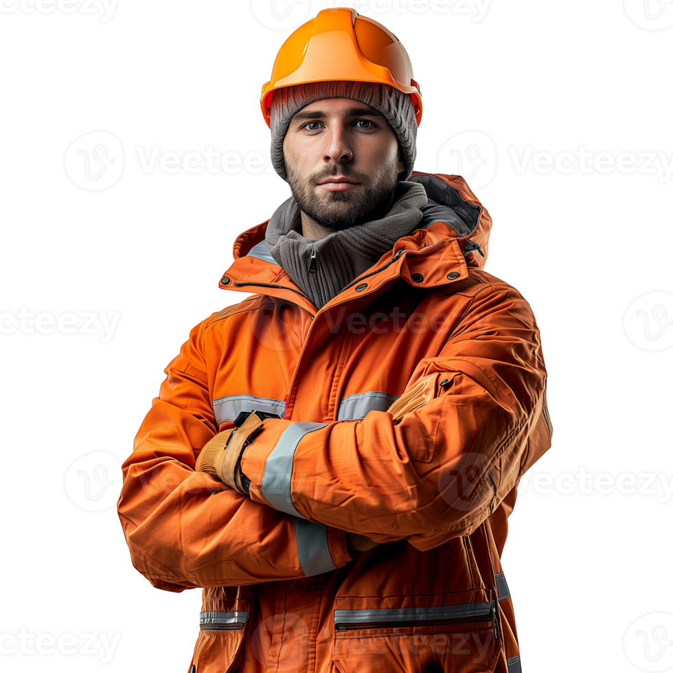 AI generated A man in an orange jacket and a hard hat is standing with his arms crossed png