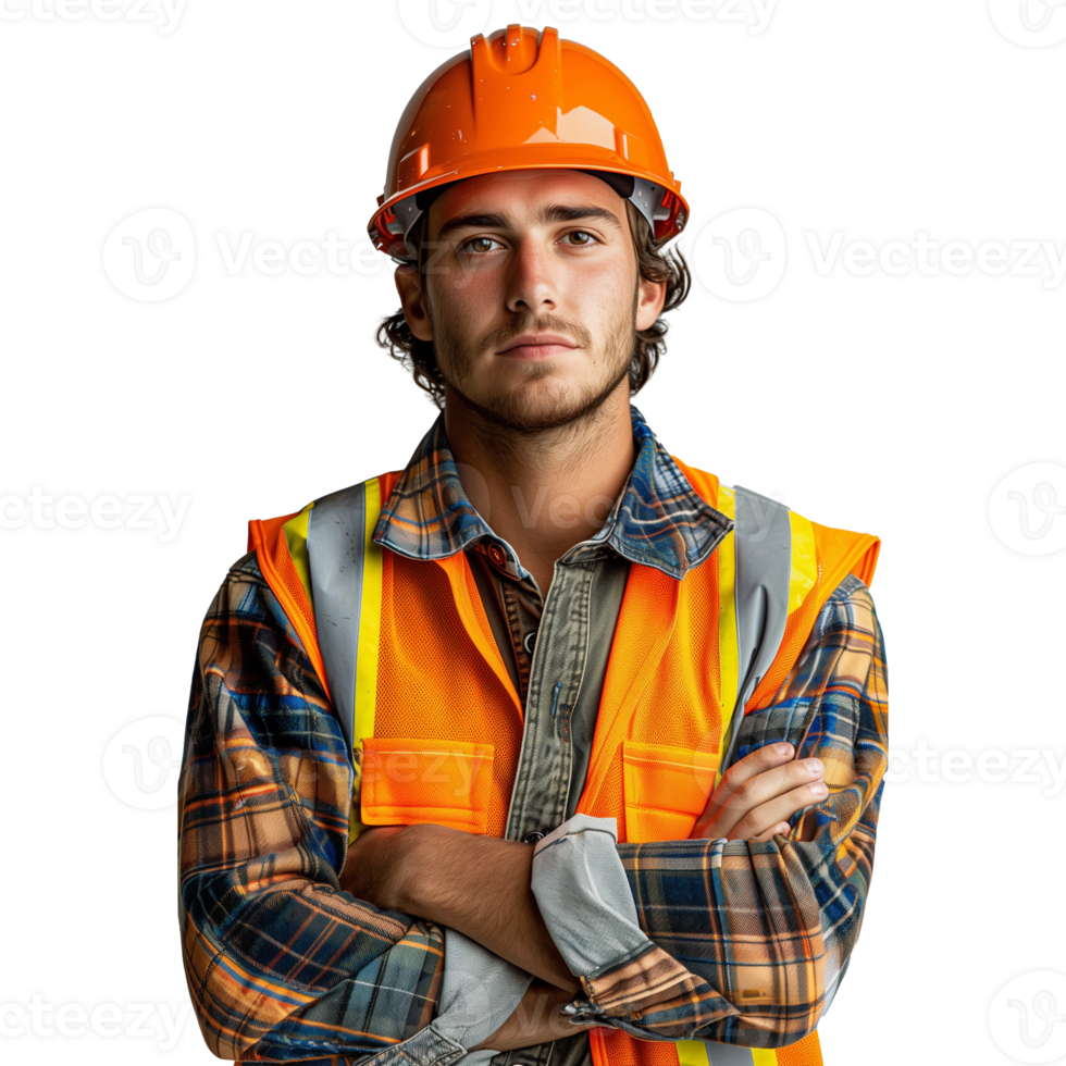 AI generated A man in an orange safety vest and hard hat is standing with his arms crossed png