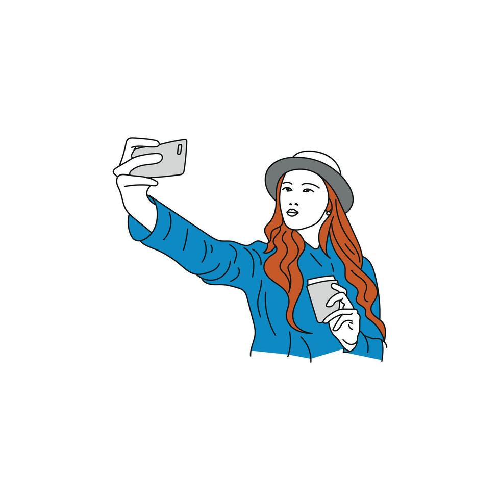 Selfie line art free vector