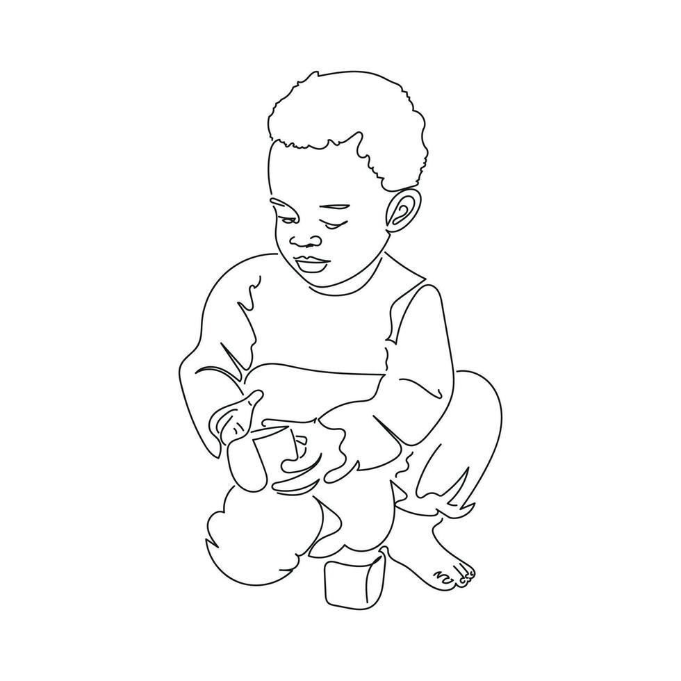 Kid playing with toy line art free vector