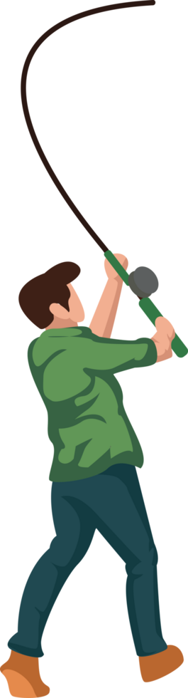 male character standing lifting and pulling fishing rod png