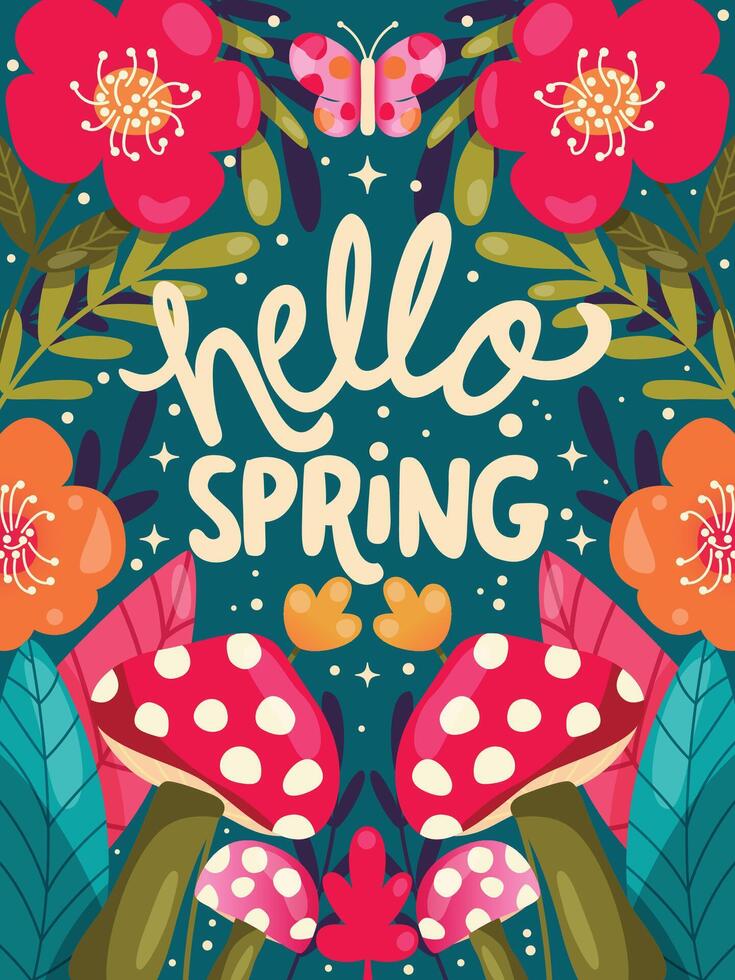Colorful decorative hand lettered design with mushrooms, flowers and flower decoration. Hello spring vibrant vector illustration