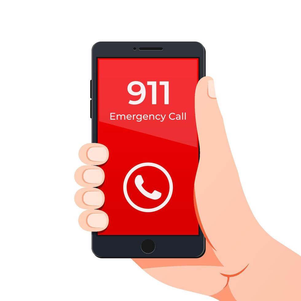 Hand holding smartphone with emergency number 911 on the screen. vector