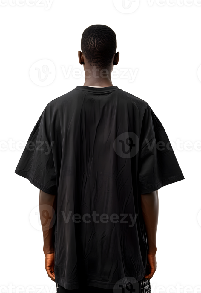 AI generated Rear view of black man wearing black tshirt on white background. For mockup design png