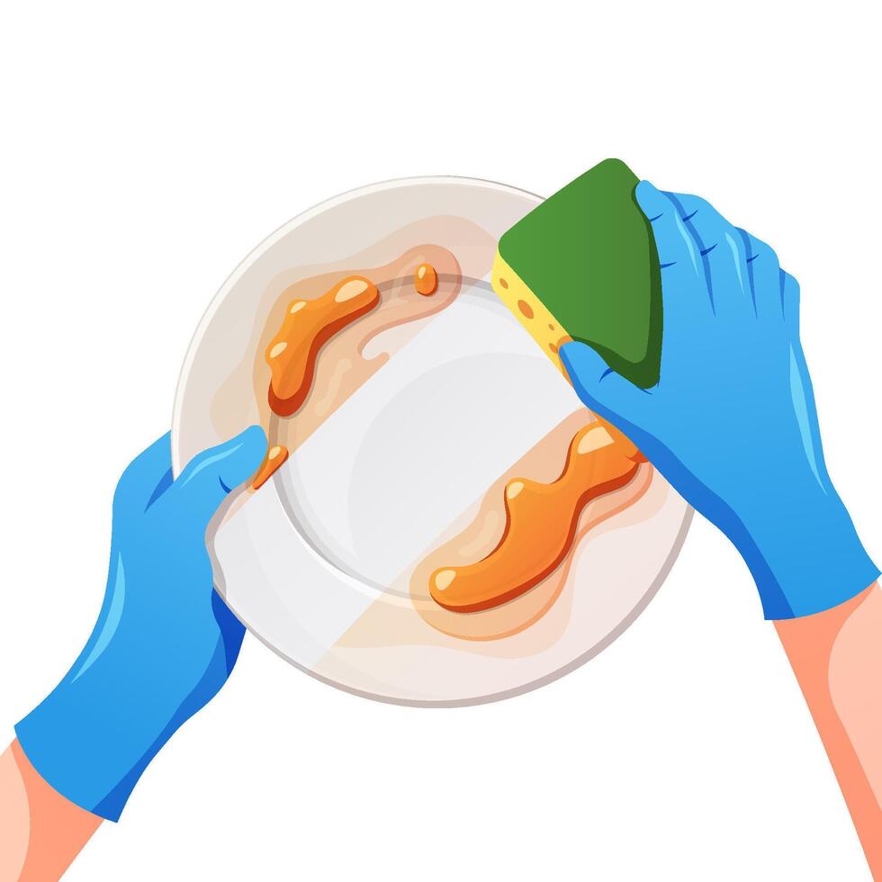 Hands washing dishes with sponge vector isolated on white background.