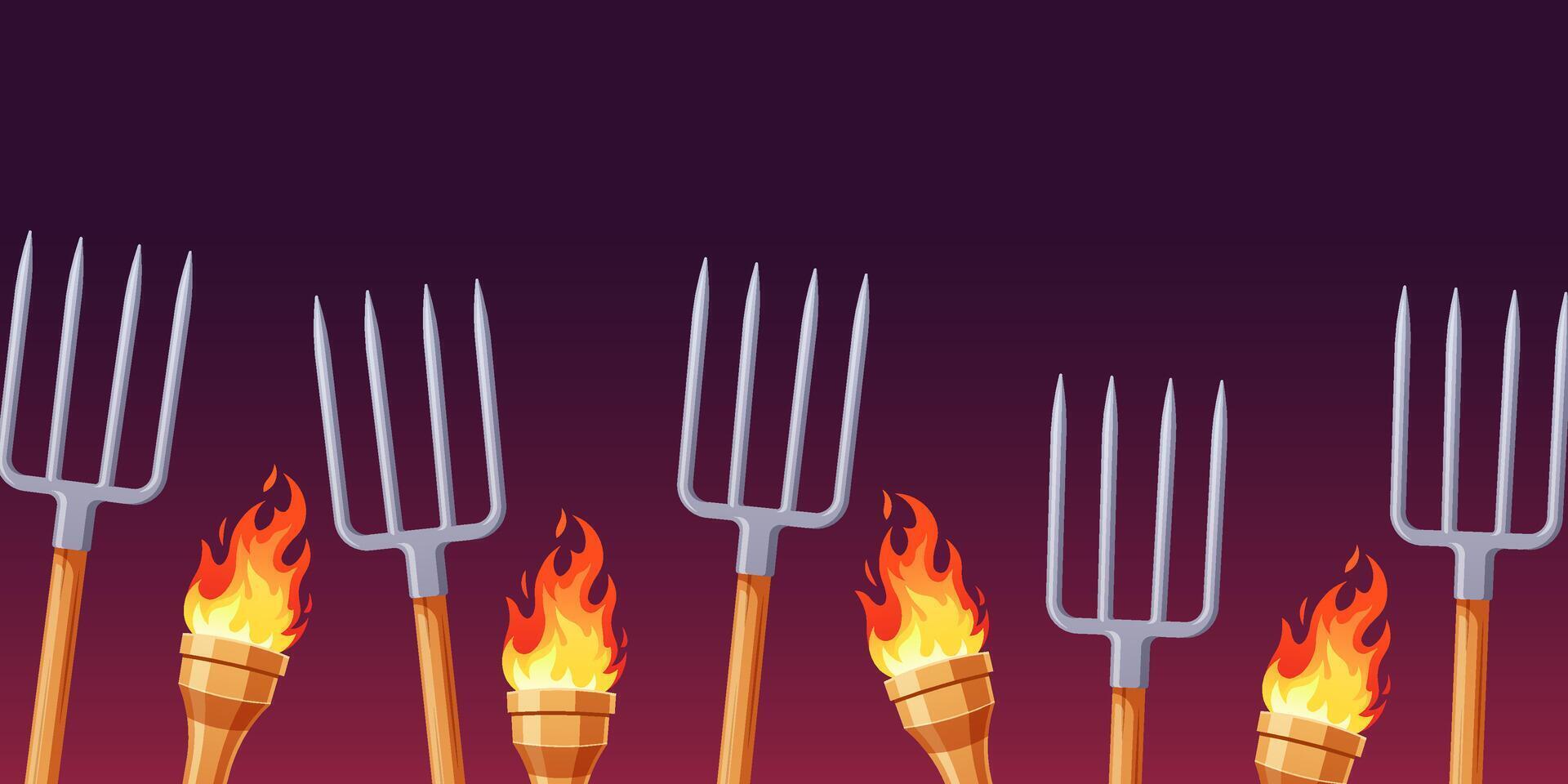 Burning torches and pitchforks vector illustration.