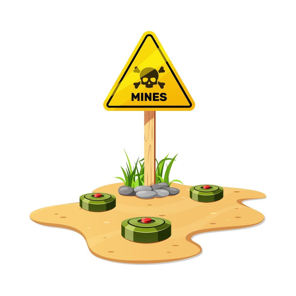 Green military land mine field with sign vector isolated on white background.