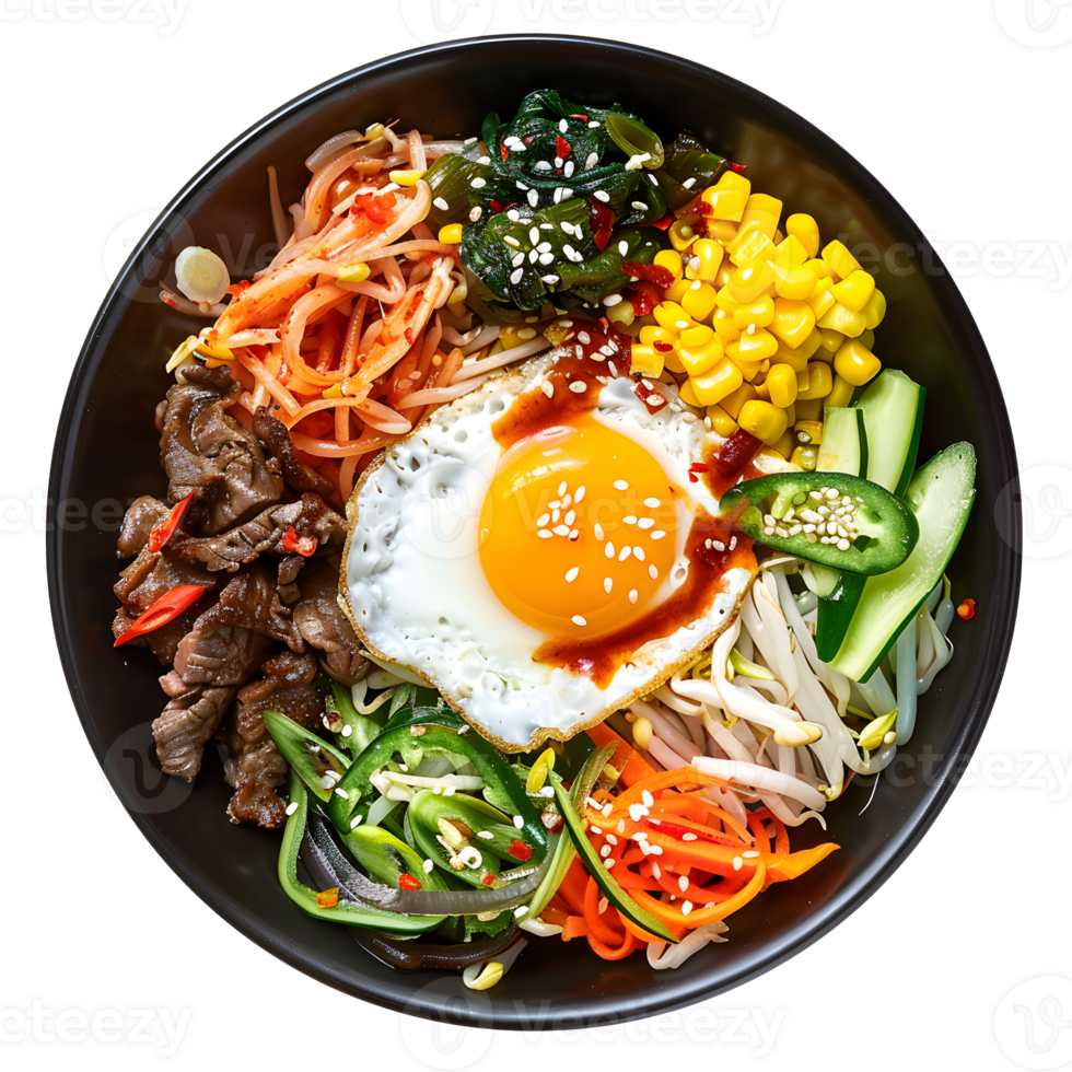 ai genererad bibimbap med ris spaghetti, grönsaker och friterad ägg på transparent bakgrund png