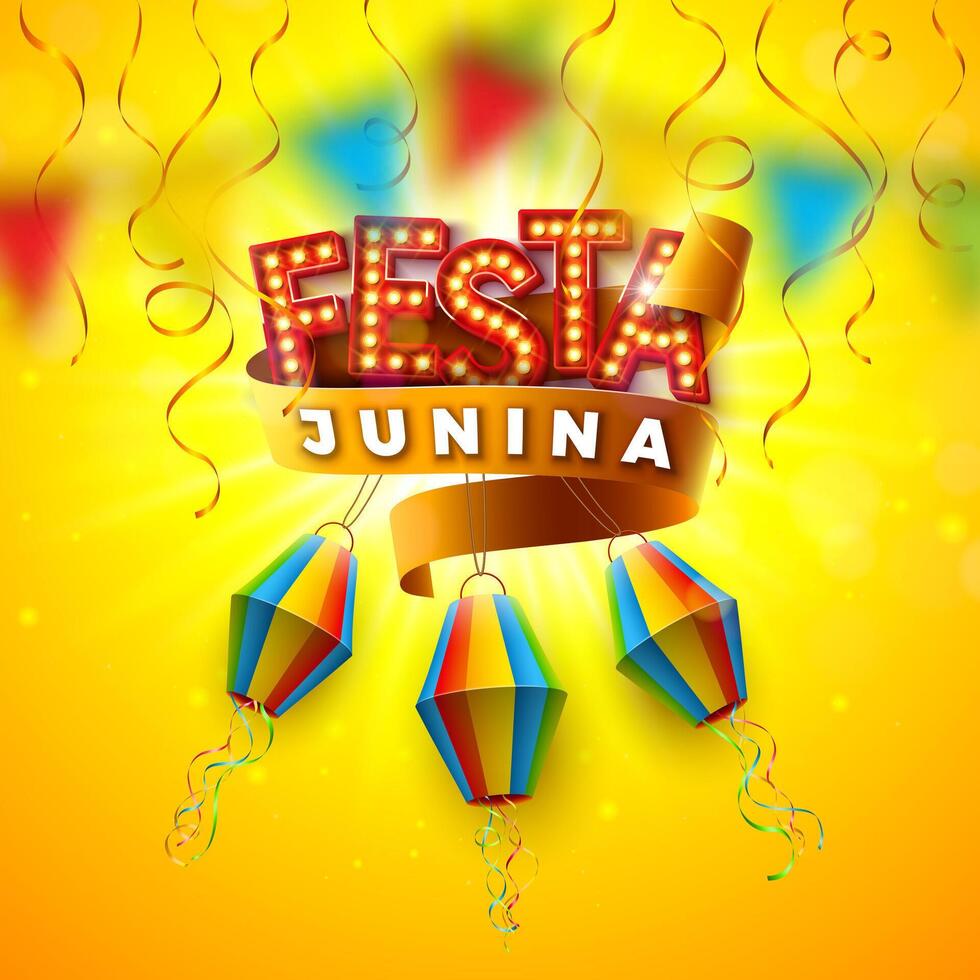 festa junina ilustración con ligero bulbo cartelera letras, papel linterna y cinta en Dom amarillo antecedentes. vector Brasil junio sao joao festival diseño para saludo tarjeta, bandera o fiesta