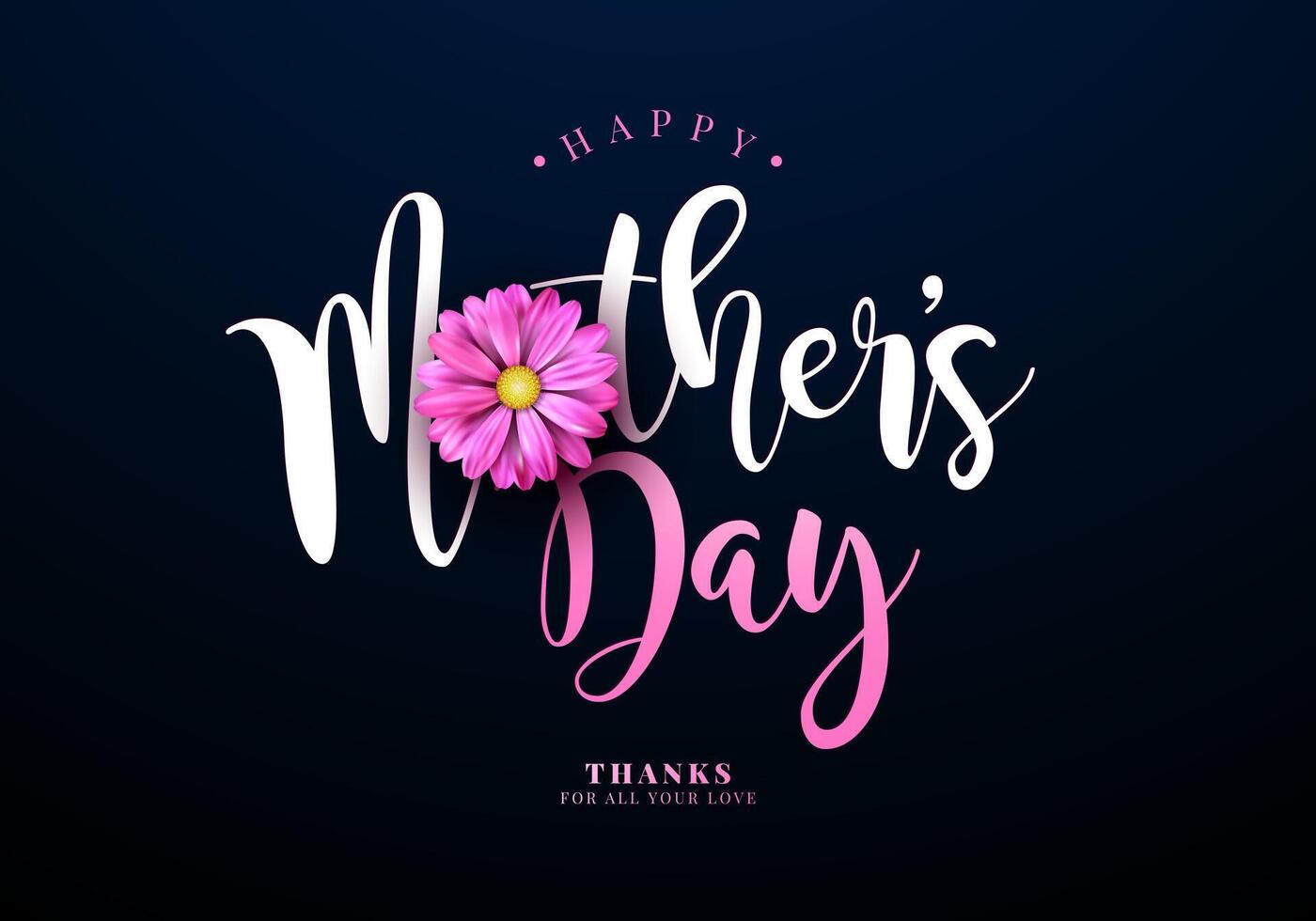 Happy Mother's Day Banner or Postcard with Spring Flower and Typography Lettering on Dark Background. Vector Mom Celebration Design with Symbol of Love for Greeting Card, Flyer, Invitation, Brochure