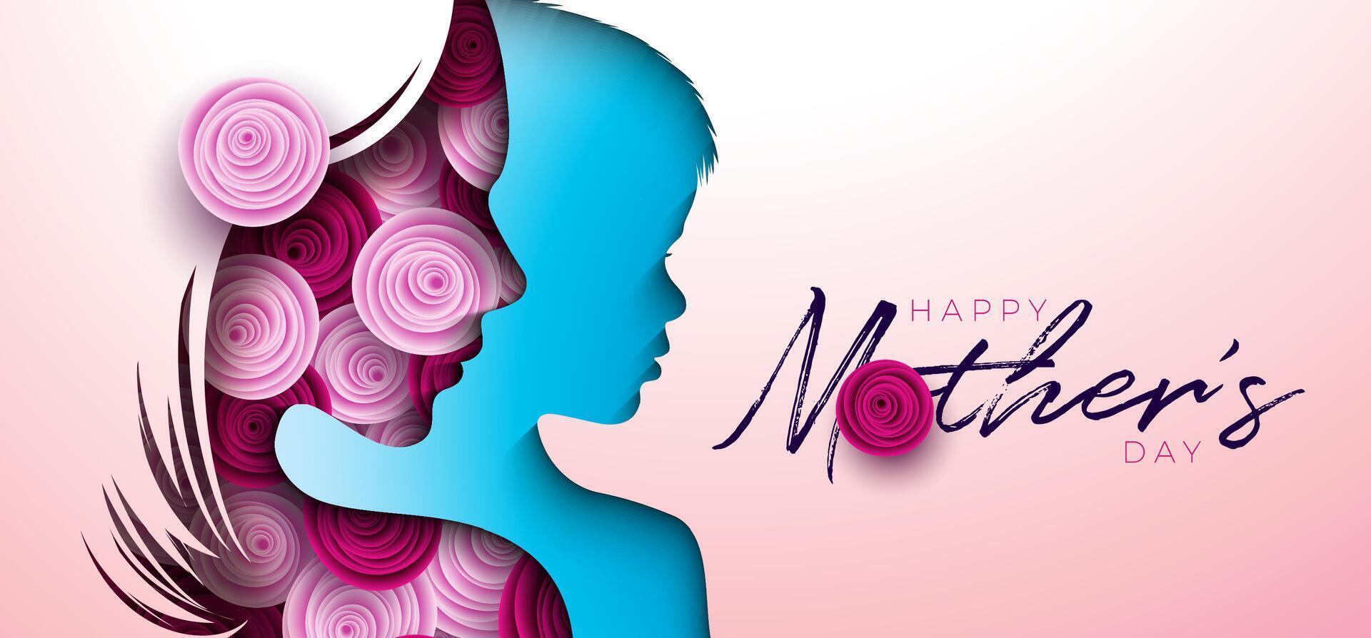 contento de la madre día saludo tarjeta diseño con Rosa flor en mujer cara y niño silueta en ligero rosado antecedentes. vector madres día ilustración para bandera, volantes, invitación, folleto, póster.