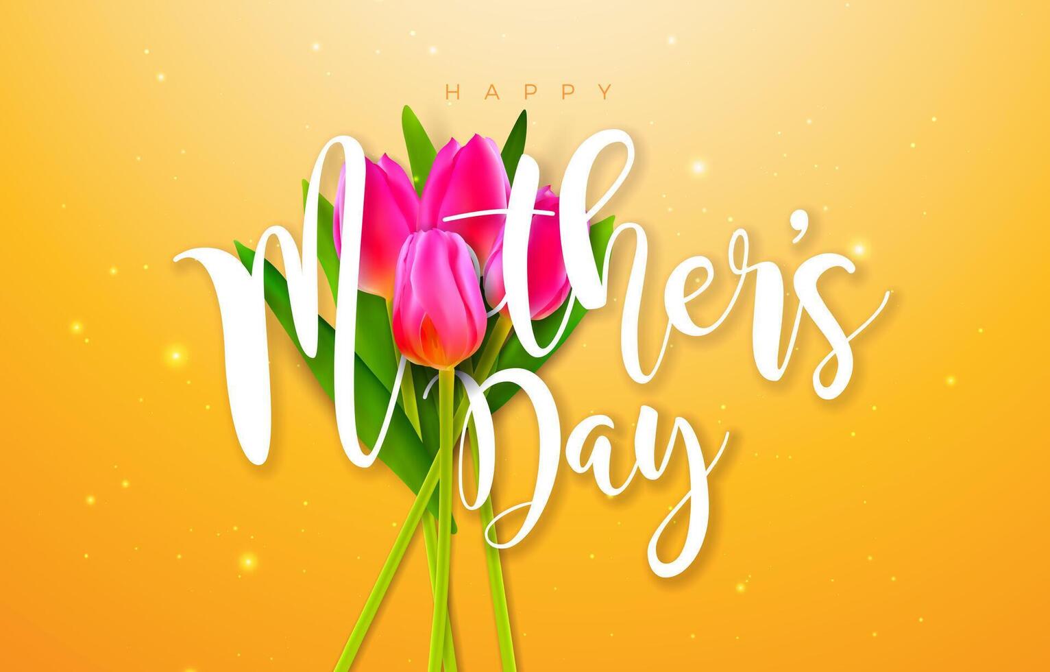 Happy Mother's Day Banner or Postcard with Spring Tulip Flower and Typography Letter on Yellow Background. Vector Celebration Design Template for Greeting Card, Banner, Flyer, Invitation, Brochure
