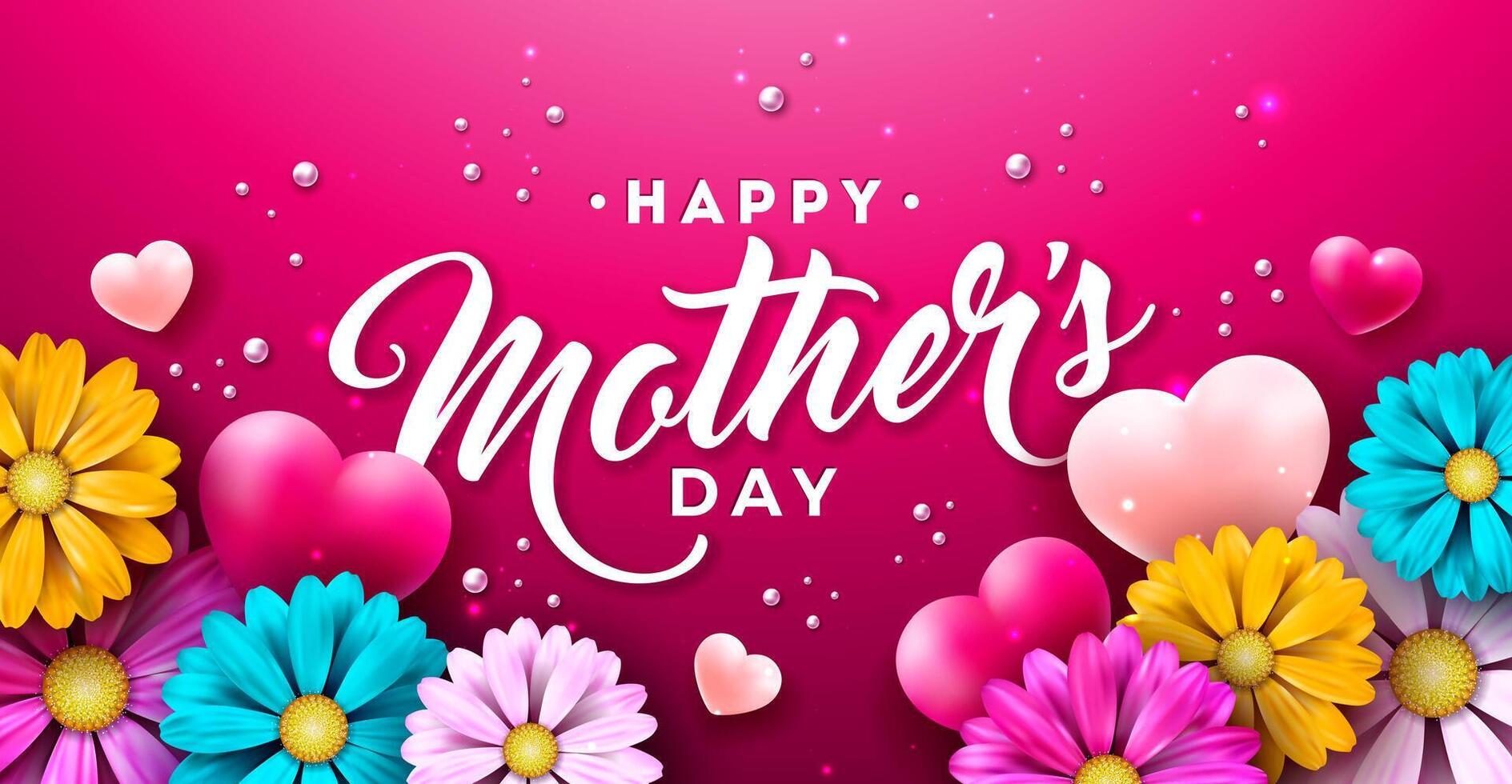 Happy Mother's Day Illustration with Spring Flower, Heart and Typography Letter on Red Background. Vector Celebration Design Template for Greeting Card, Banner, Flyer, Invitation, Brochure, Poster.