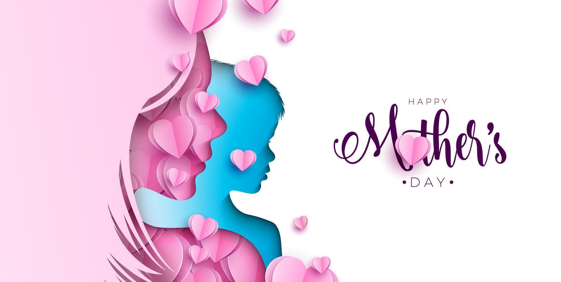 Happy Mother's Day Greeting Card Design with Paper Hearts in Woman Face and Child Silhouette on White Background. Vector Mothers Day Illustration for Banner, Postcard, Flyer, Invitation, Brochure