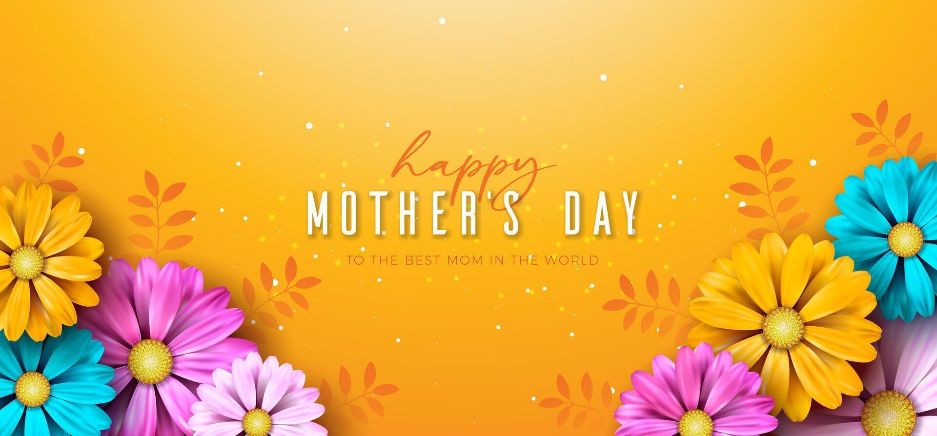 Happy Mother's Day Banner with Colorful Spring Flower and Typography Lettering on Yellow Background. Vector Mom Celebration Postcard Design with Symbol of Love for Greeting Card, Flyer, Invitation